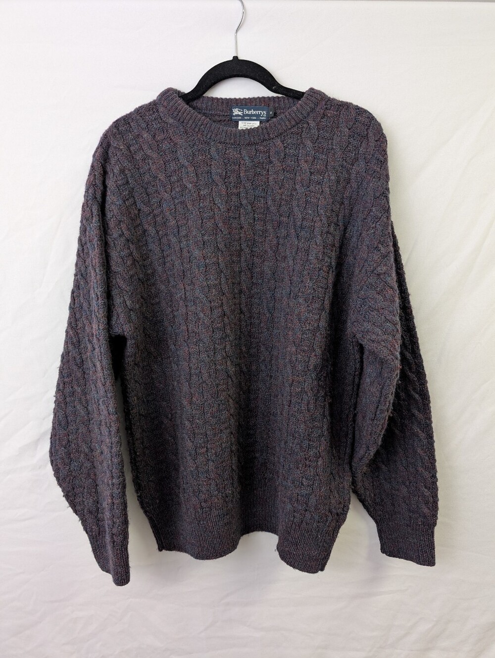 Vintage Burberrys Cable Knit Sweater Mens M 100% Wool Made in UK Marled Purple